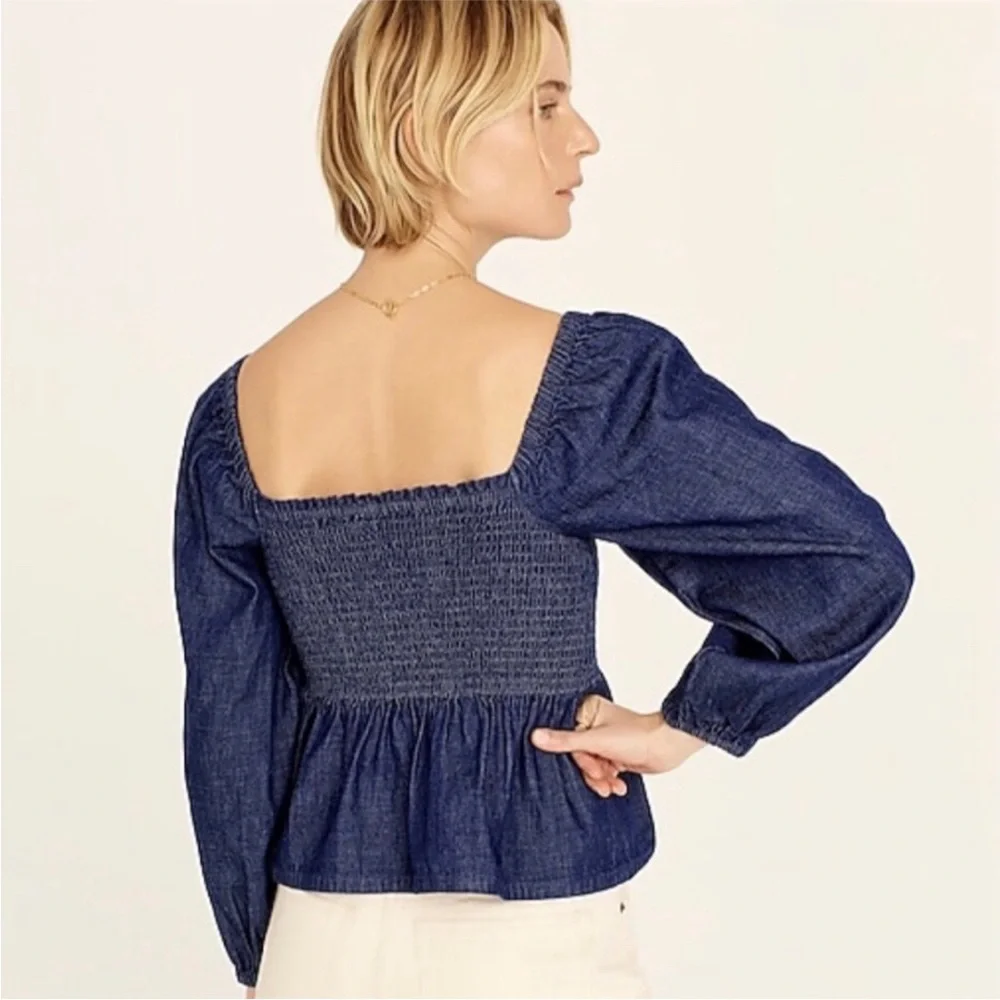 J. Crew Puff Sleeve Smocked Chambray Top